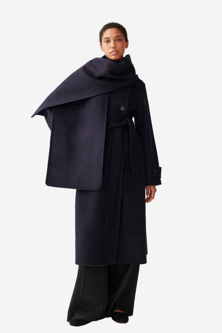 Double Faced Wool Long Trench Dark Navy