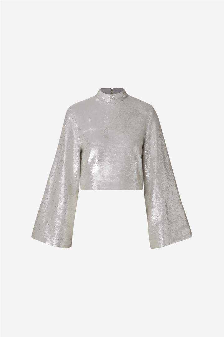 By Malina Bluser & Skjorter Aella Wide Sleeve Sequin Top Silver