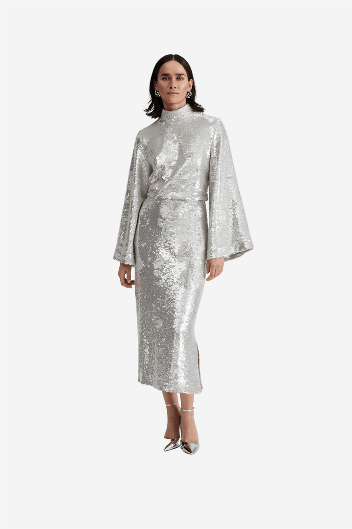 By Malina Bluser & Skjorter Aella Wide Sleeve Sequin Top Silver