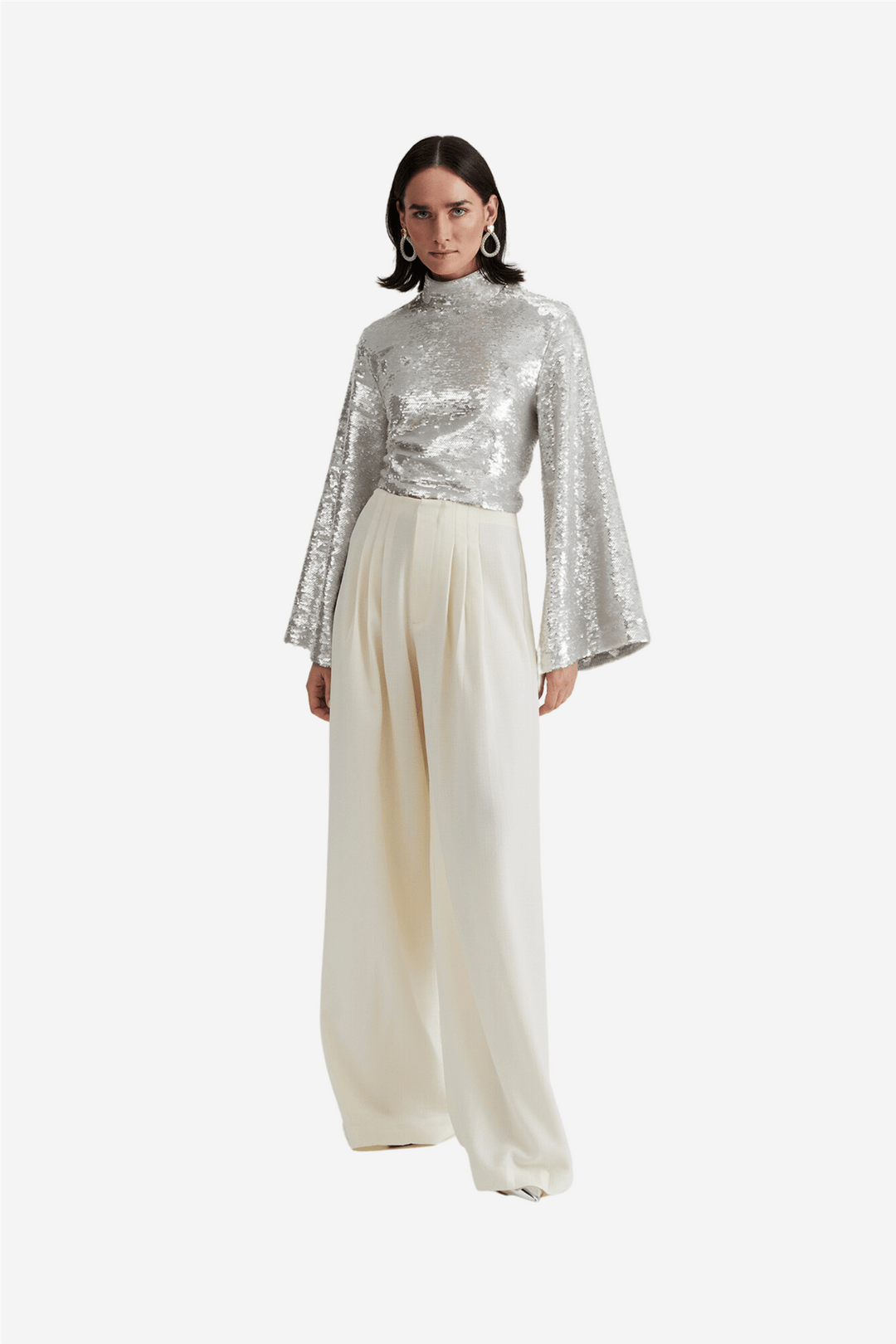 By Malina Bluser & Skjorter Aella Wide Sleeve Sequin Top Silver