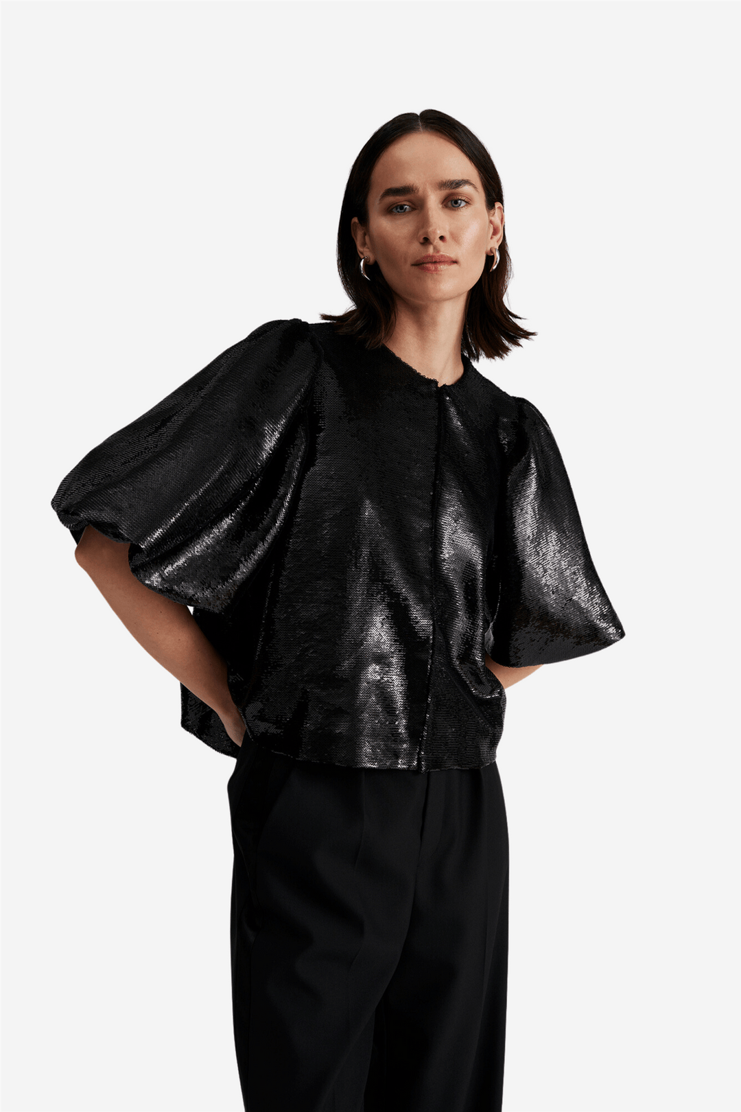 By Malina Bluser & Skjorter Cleo Pouf Sleeve Blouse Black Sequin