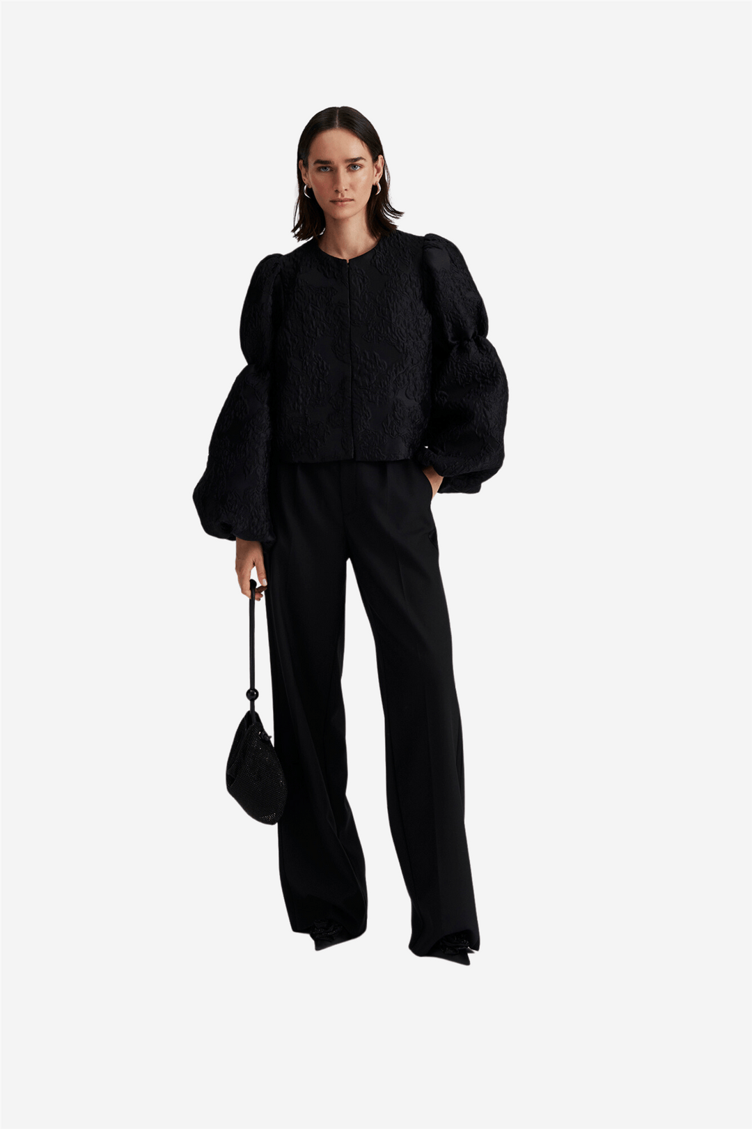 By Malina Bluser & Skjorter Zoey Double Pouf Sleeve Blouse Black Jacquard
