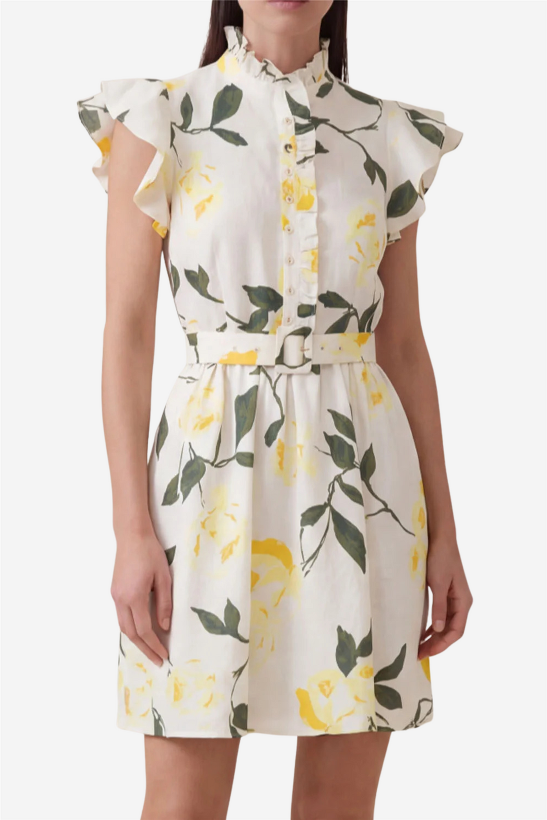 by timo linen dress byTiMo - Floral Ruffle Belted Linen & Cotton Dress in 506