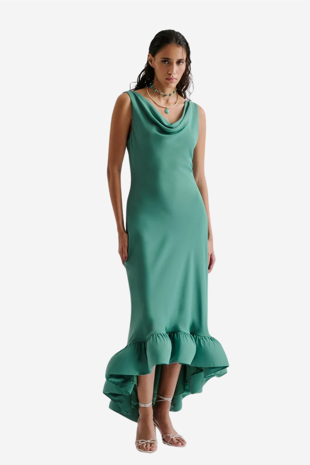 Alia Cowl Neck Ruffled Maxi Dress Deep Aqua