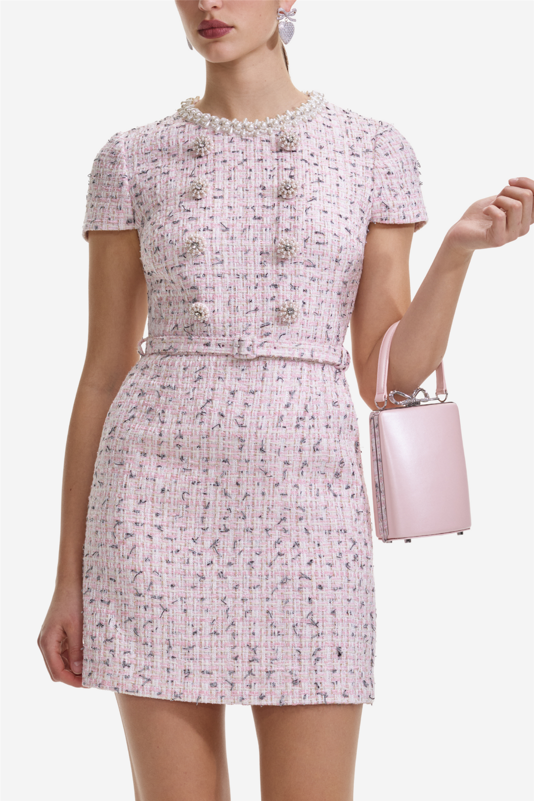 Pink Boucle Pearl Mini Dress