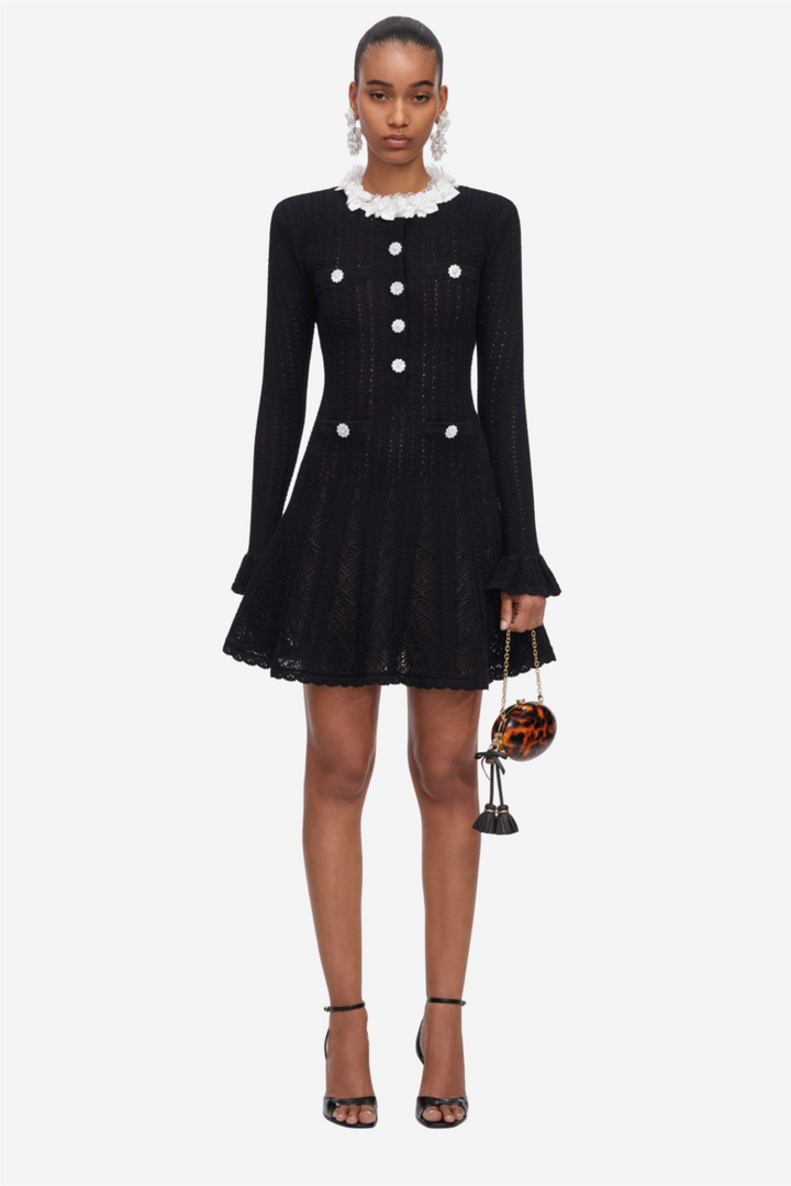 Flower Trim Knit Mini Dress Black