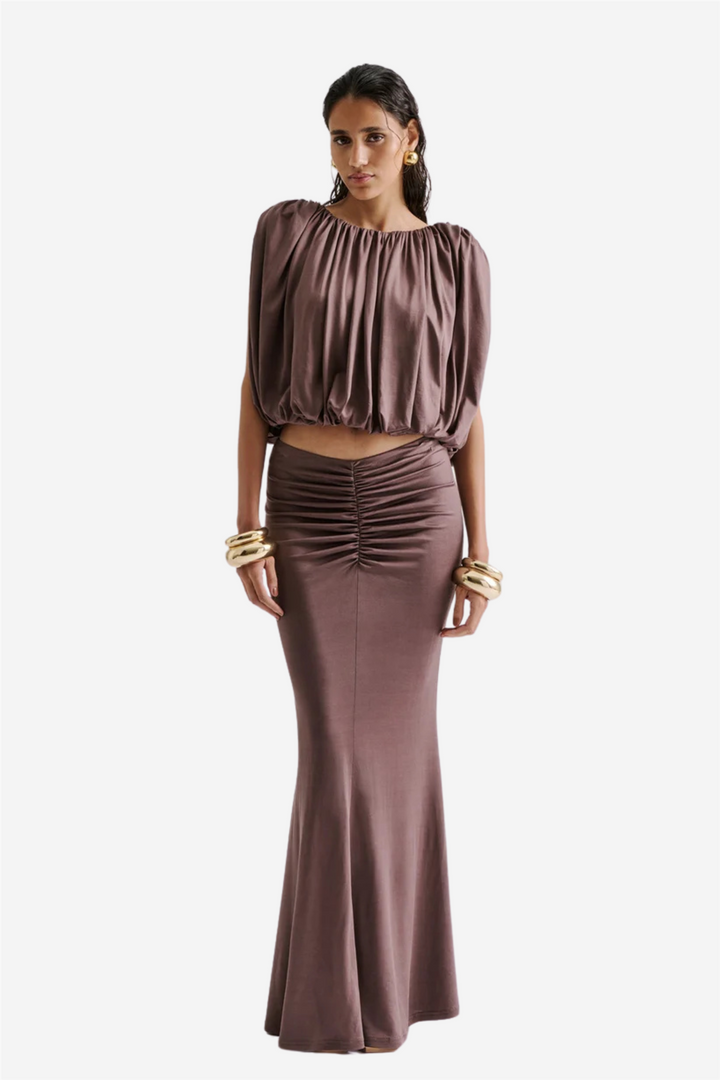 Majori Ruched Jersey Maxi Skirt Chocolate