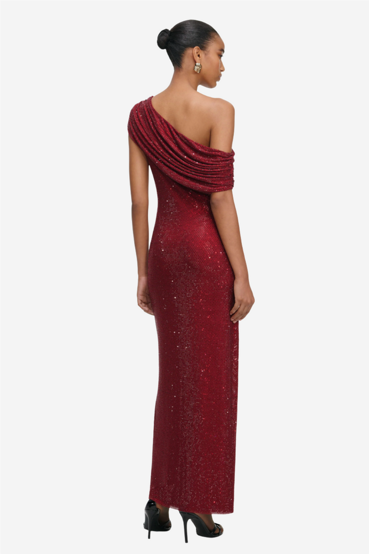 Burgundy Rhinestone Drape Midi Dress