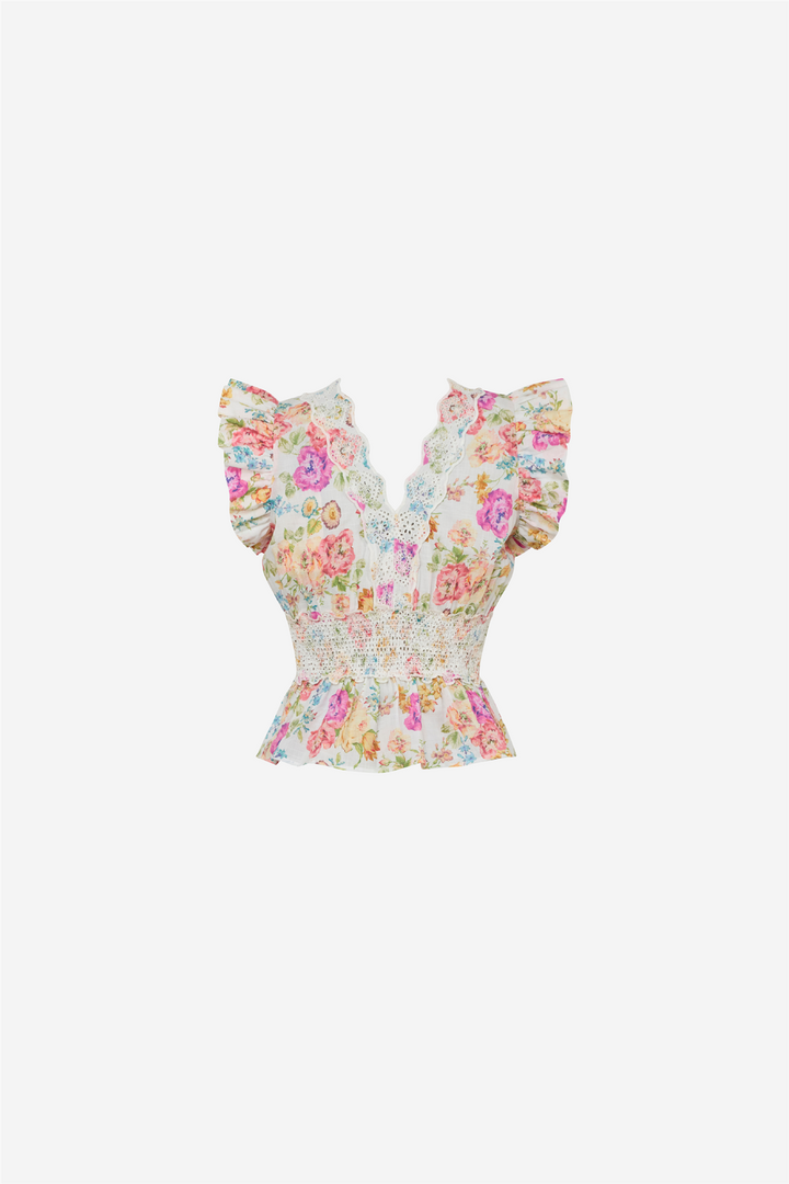 Cotton Slub Flounce Top Flora