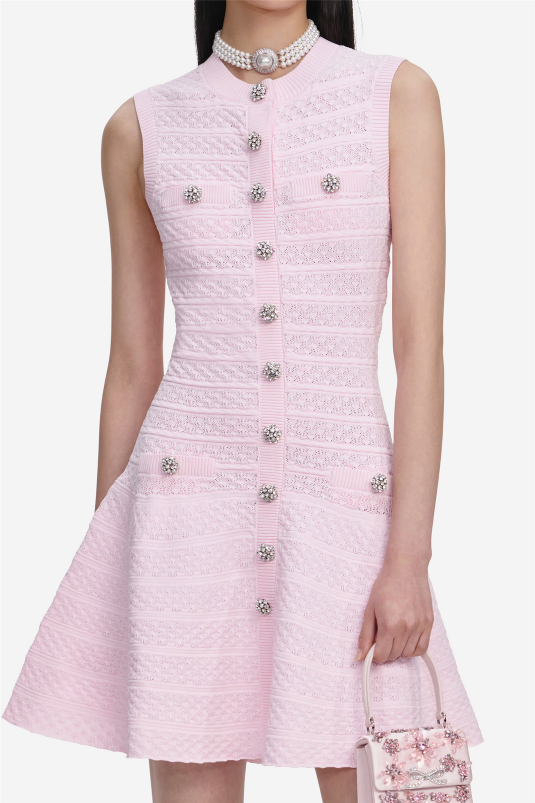 Pointelle Diamante Knit Mini Dress Pink