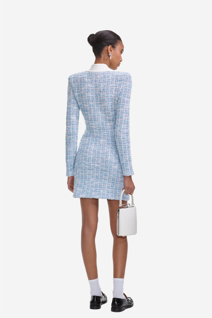 Blue Check Collared Knit Mini Dress