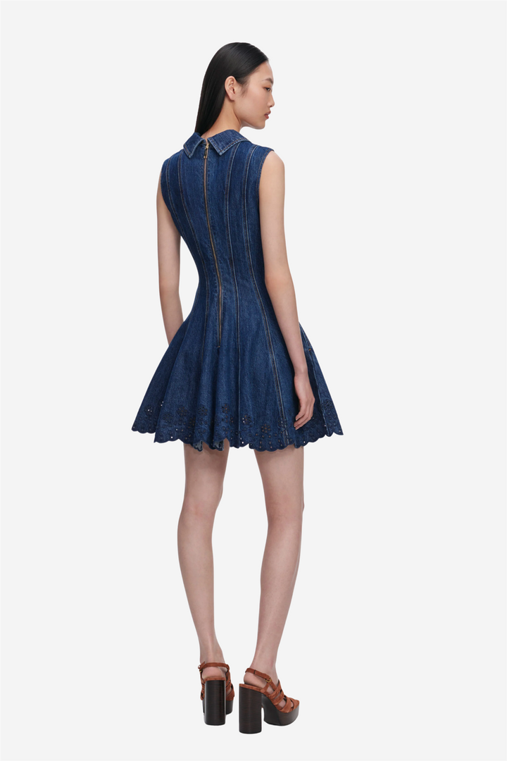 Denim Broderie Mini Dress Blue