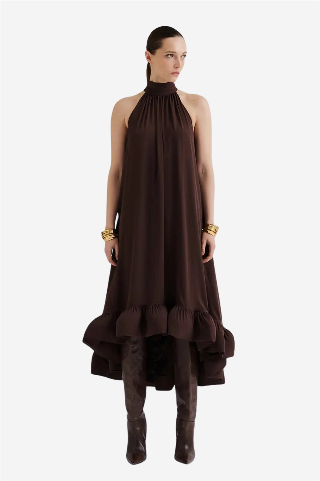Sabrina Halterneck Ruffled Midi Dress Chocolate