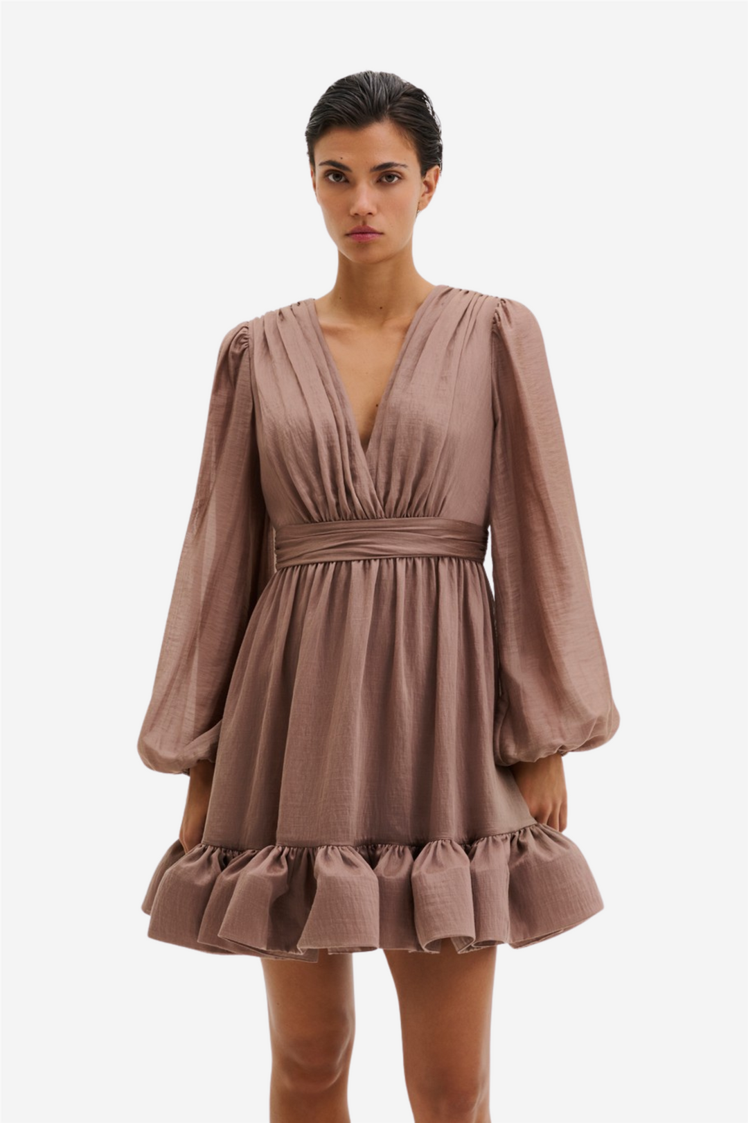 Jadie V-Neck Ruffled Mini Dress Taupe