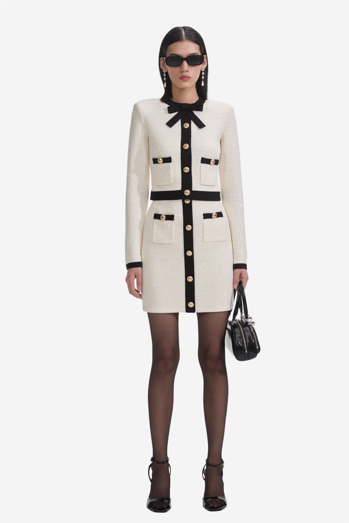 Cream Sequin Pussy Bow Cardigan