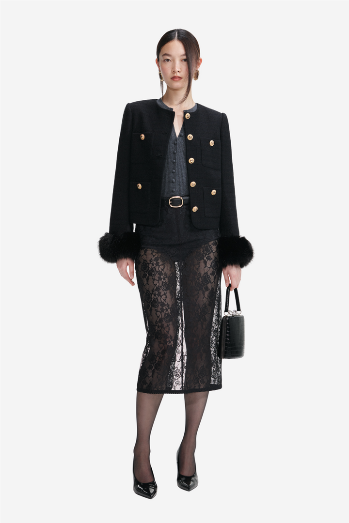 Boucle Fur Cuff Jacket Black