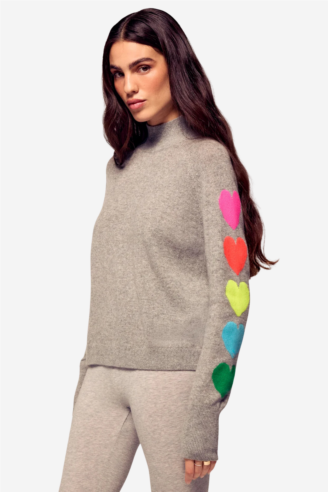 Mock Neck Sweater Multicolored Hearts Dark Heather Gray