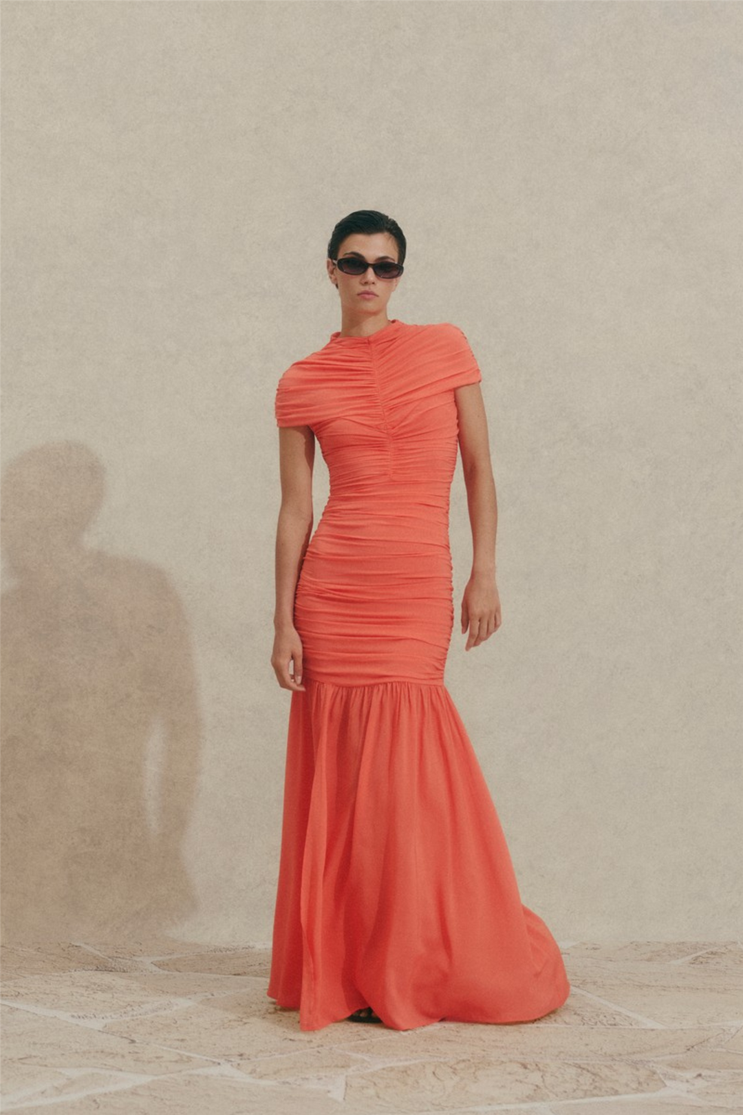 Loana Draped Chiffon Maxi Dress Coral