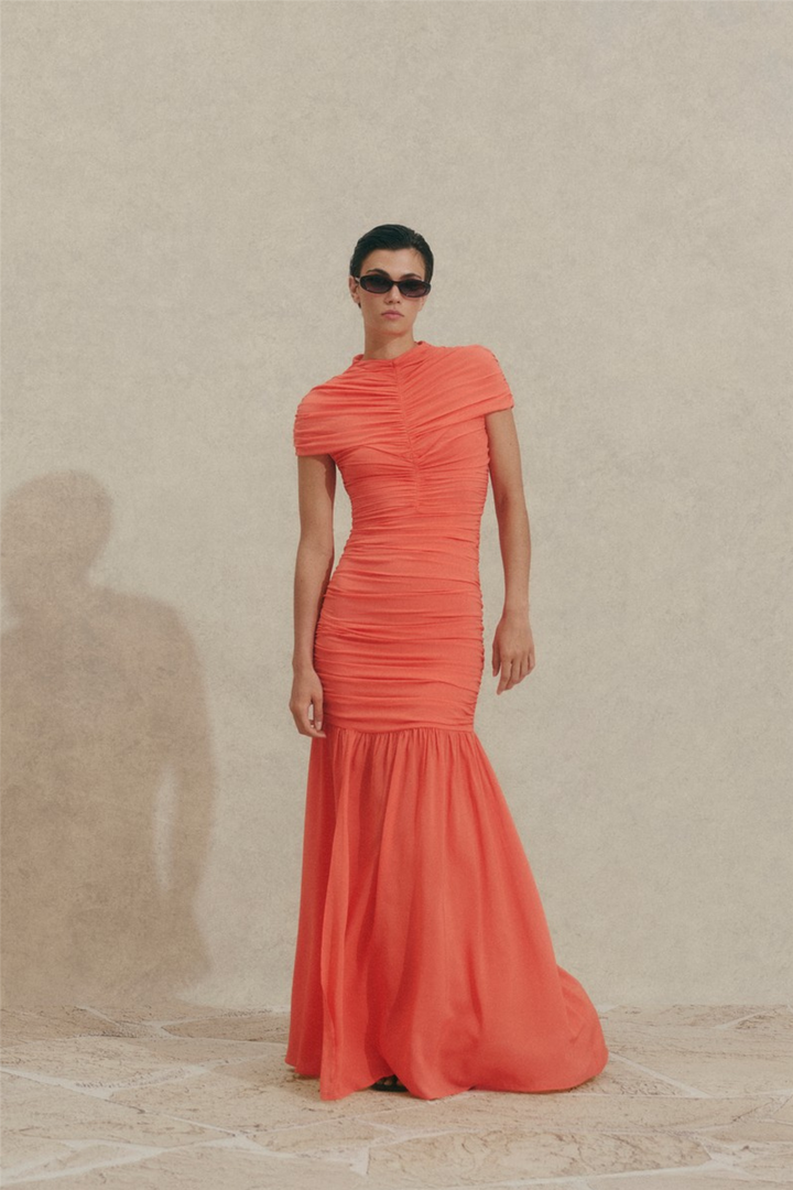 Loana Draped Chiffon Maxi Dress Coral