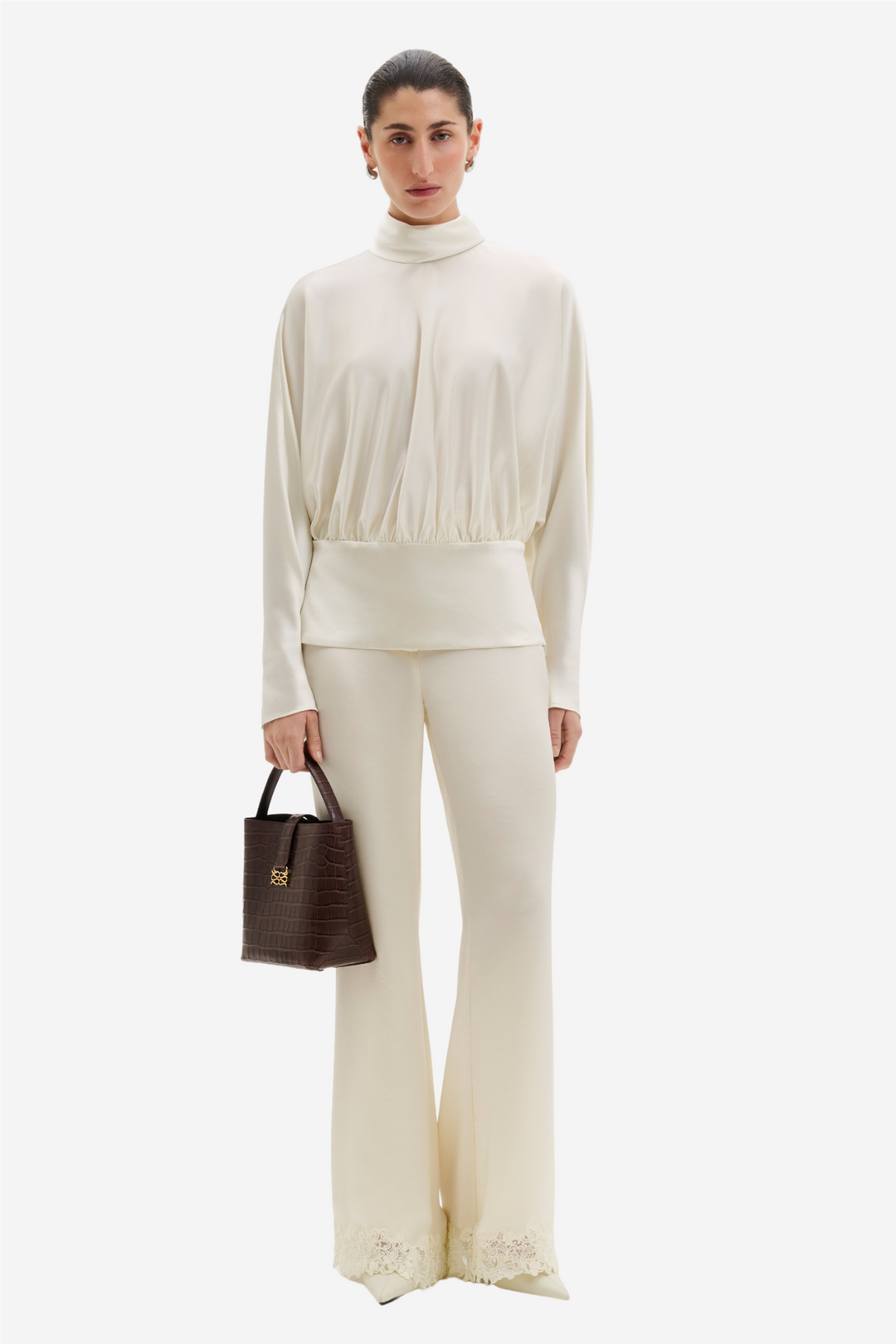 Vilja High-Neck Satin Blouse Pearl