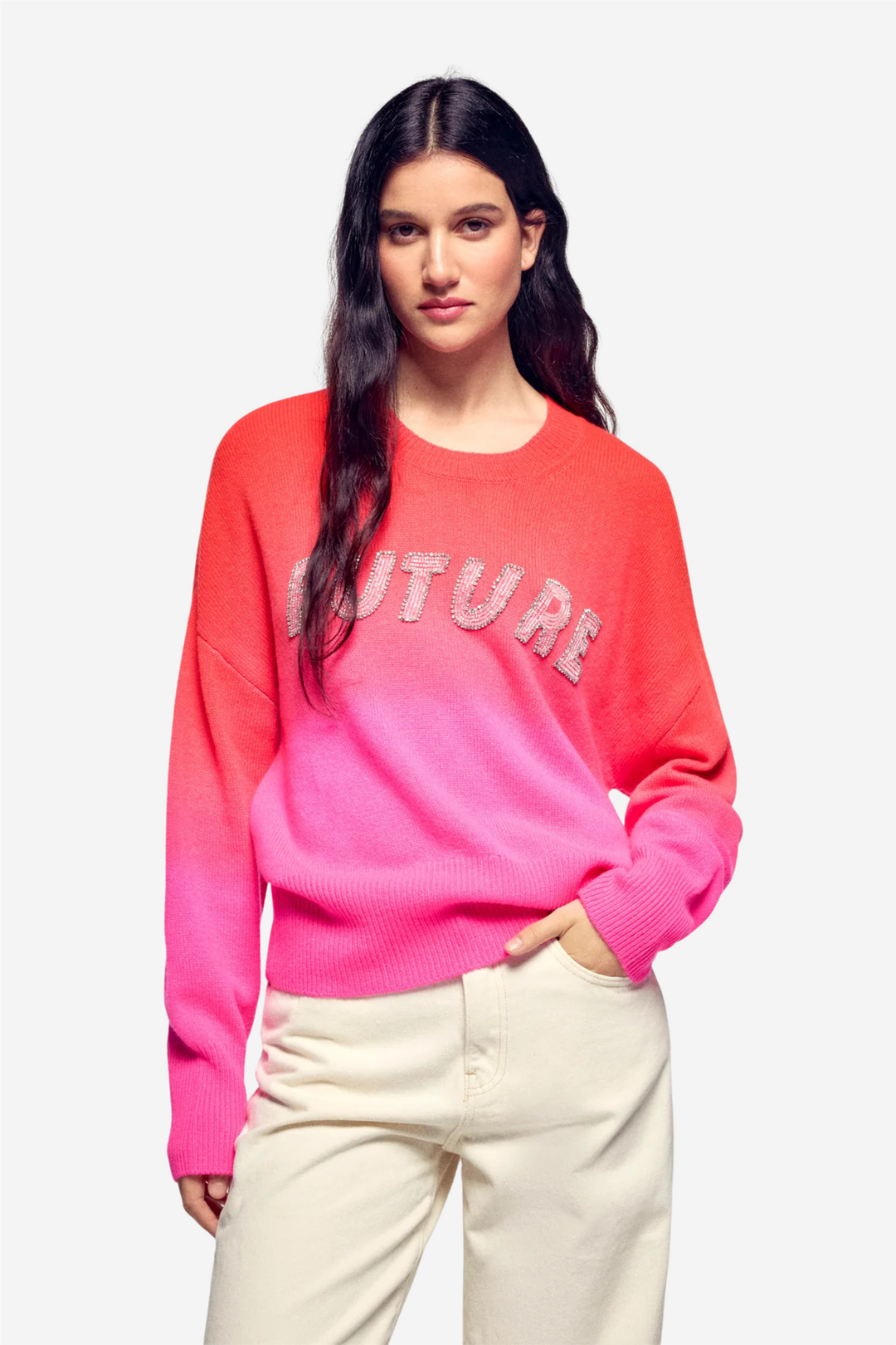 Pearl Embroidered Crewneck Sweater Fire Orange