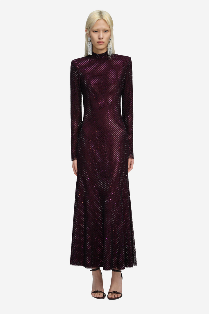 Burgundy Rhinestone Fishnet Midi Dress