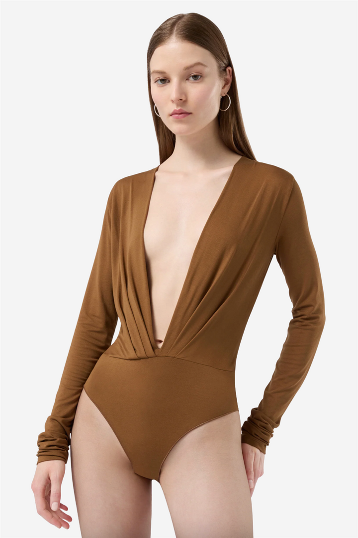 Zelda Bodysuit Deep V Neck Cigar