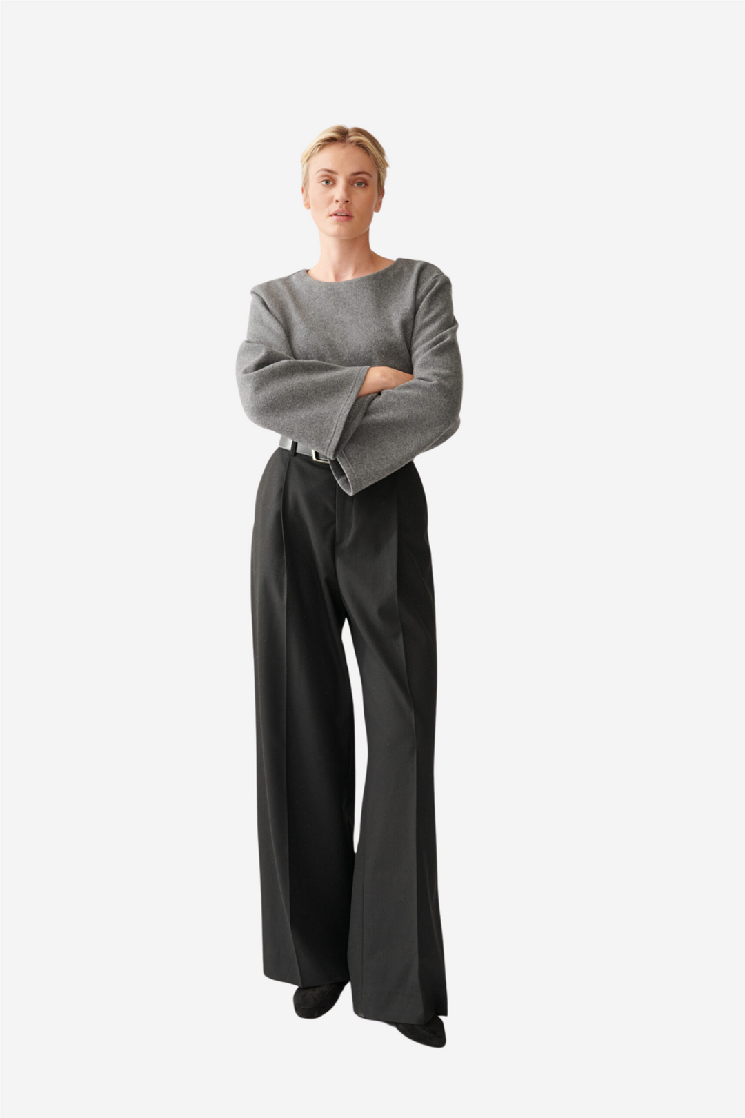 Woven Wide Sleeve Top Grey Melange