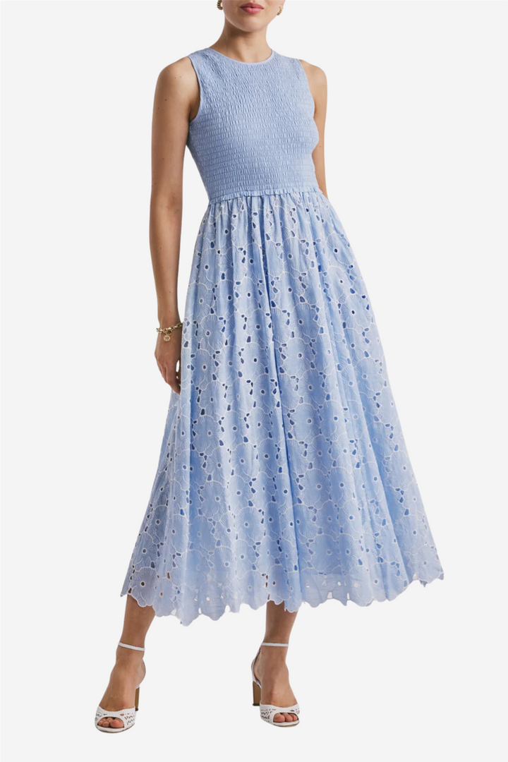 Broderie Anglaise Smocking Dress Light Blue