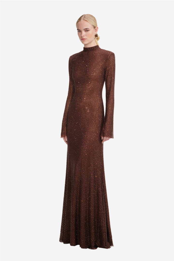 Rhinestone Mesh Maxi Dress Brown