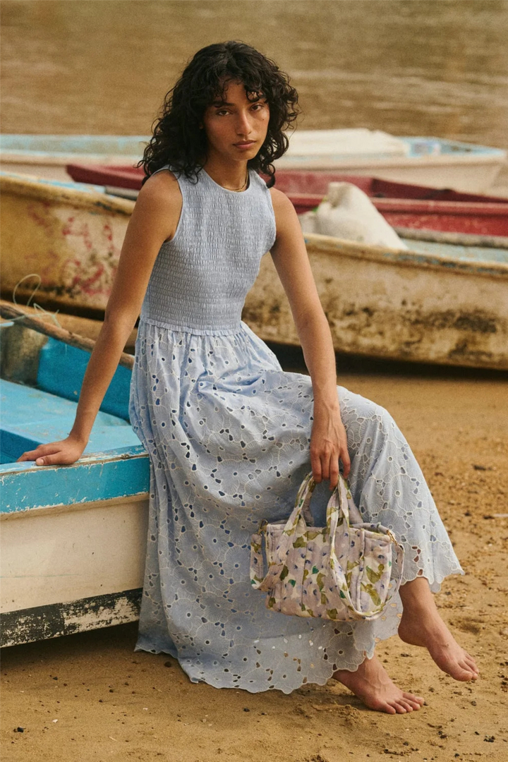 Broderie Anglaise Smocking Dress Light Blue