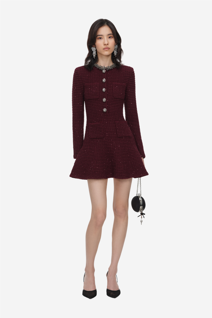 Textured Knit Embellished Mini Dress Burgundy