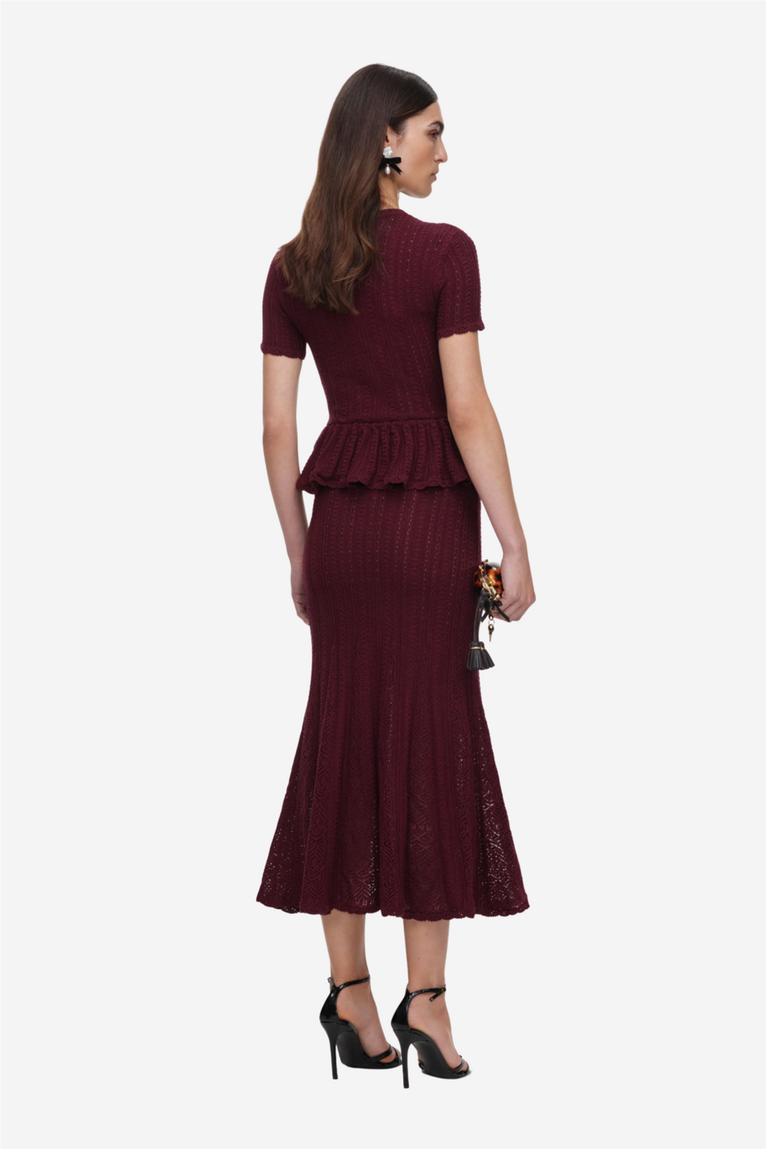 Pointelle Peplum Knit Midi Dress Burgundy