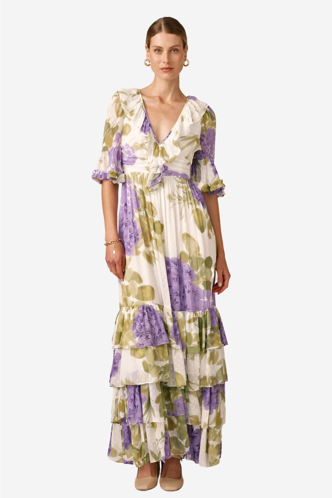 Dotted Georgette Rouching Dress Purple Flowerfield