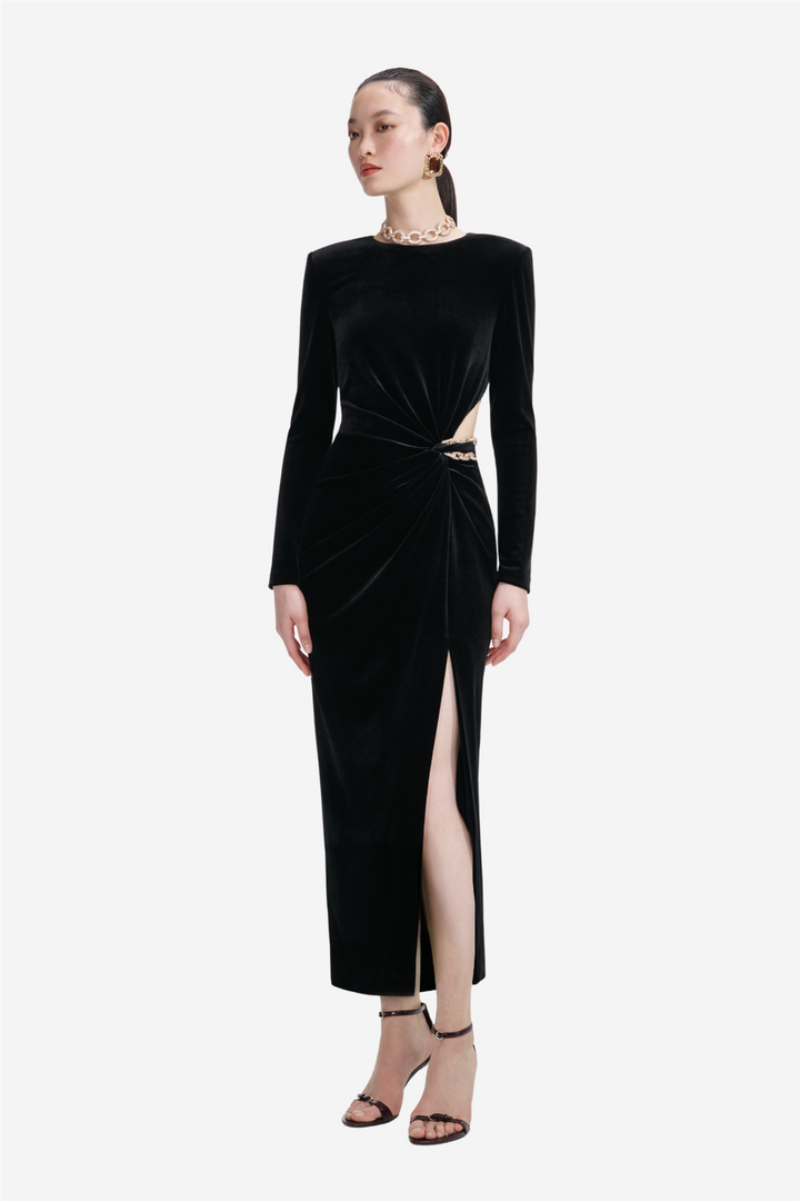 Velvet Embellished Midi Dress Black