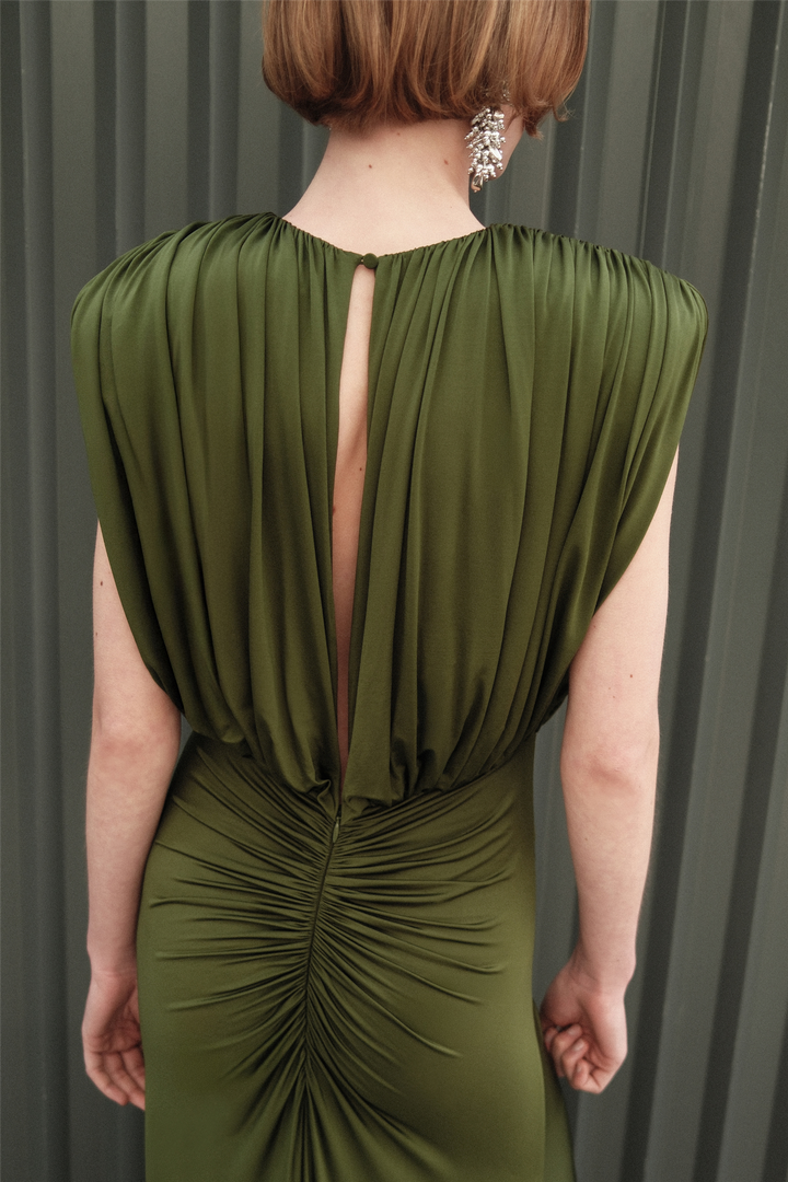 Jersey Gathered Maxi Dress Olive