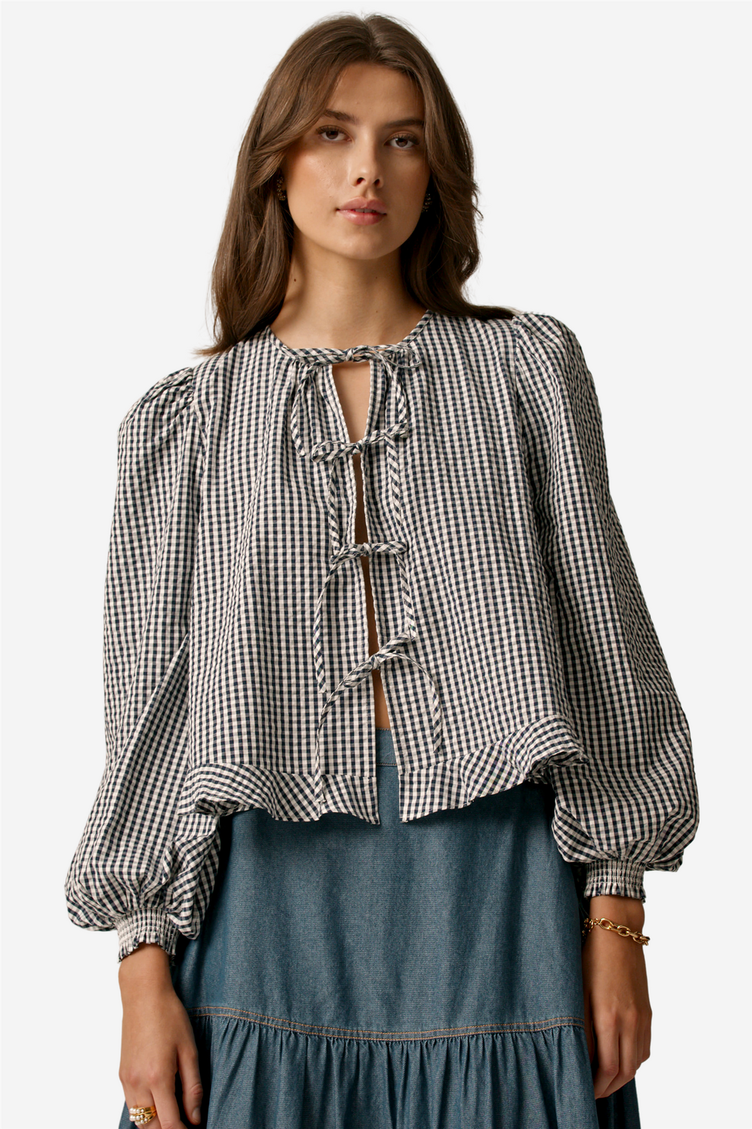 Viewersucker Bow Bloouse Navy Checks