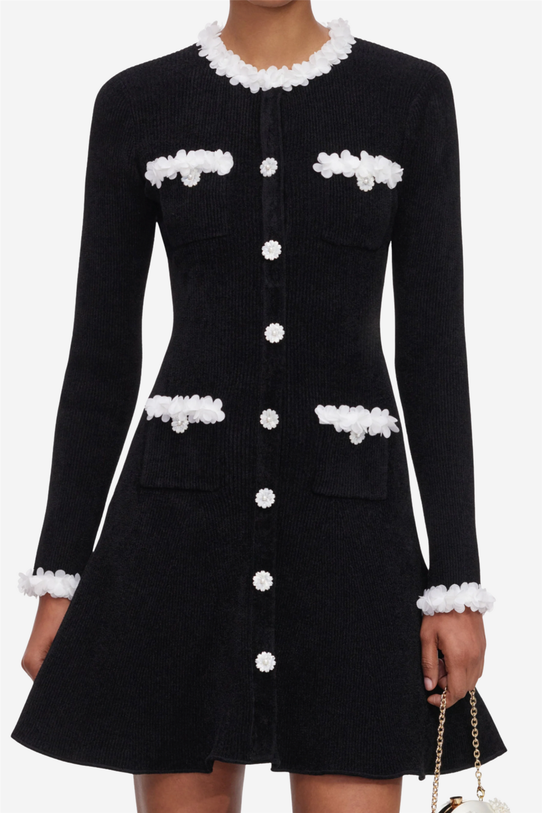 Black Chenille Knit Flower Trim Mini Dress Black