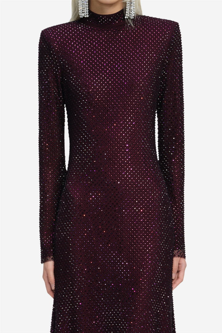 Burgundy Rhinestone Fishnet Midi Dress
