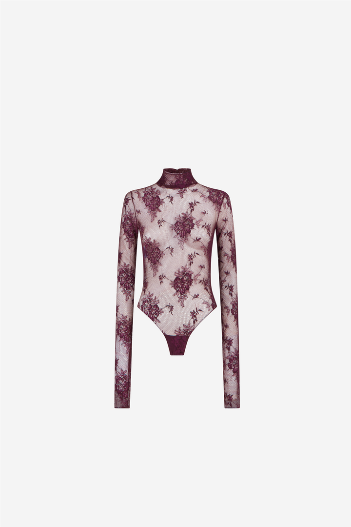 Ziggy Lace Turtleneck Bodysuit Cabernet