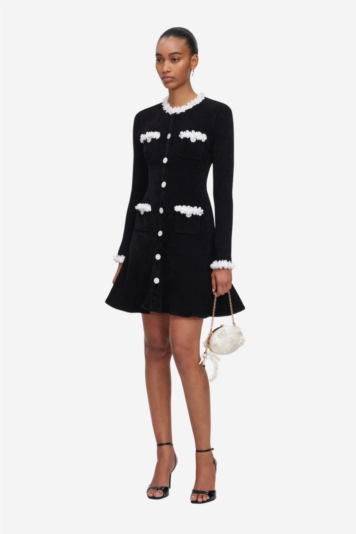 Black Chenille Knit Flower Trim Mini Dress Black