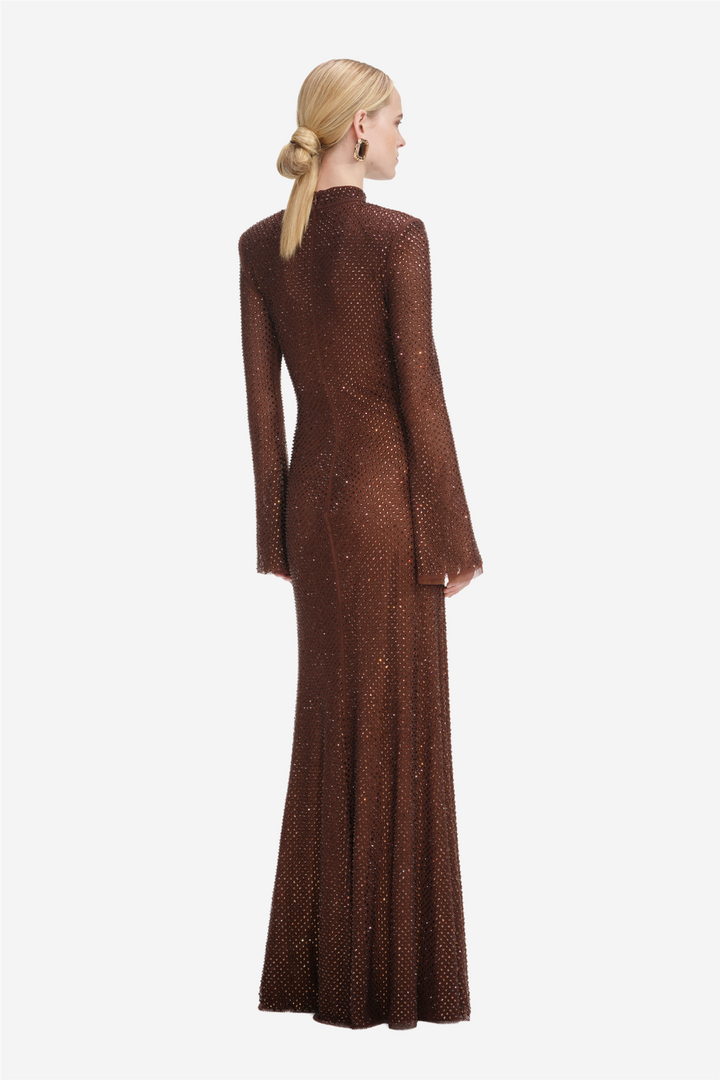 Rhinestone Mesh Maxi Dress Brown