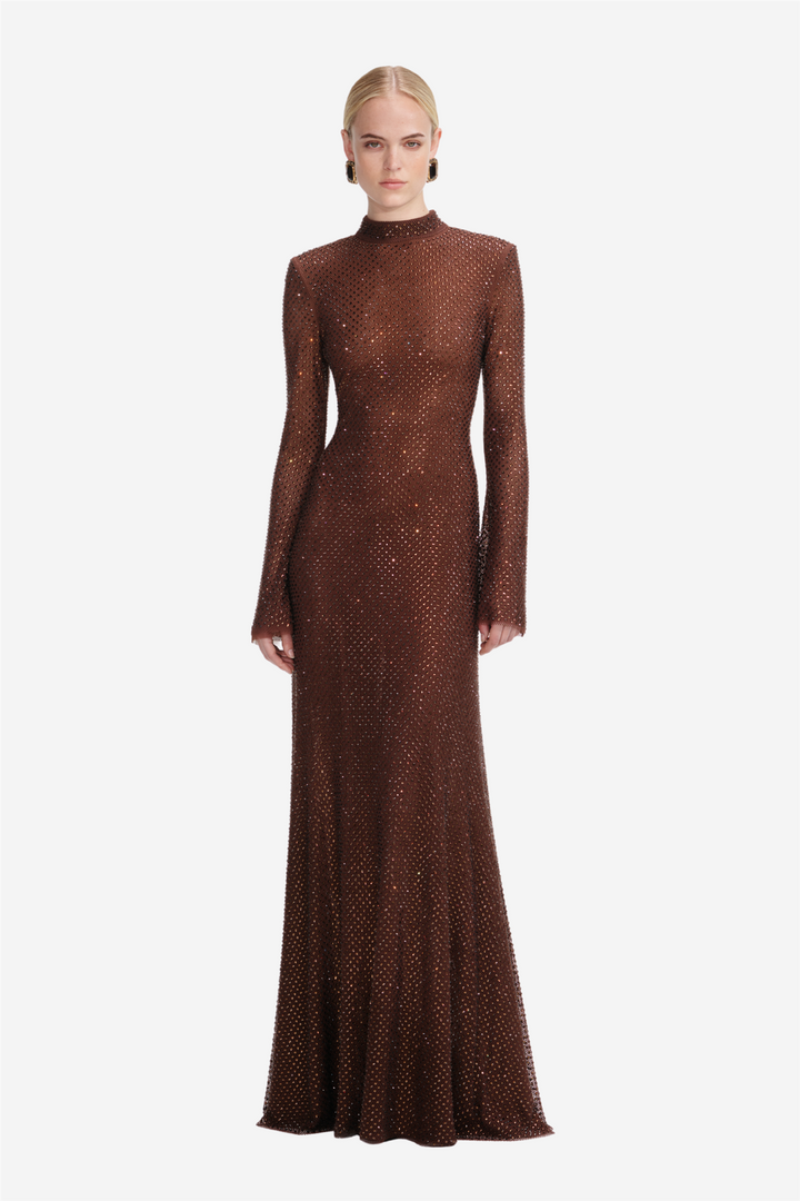 Rhinestone Mesh Maxi Dress Brown