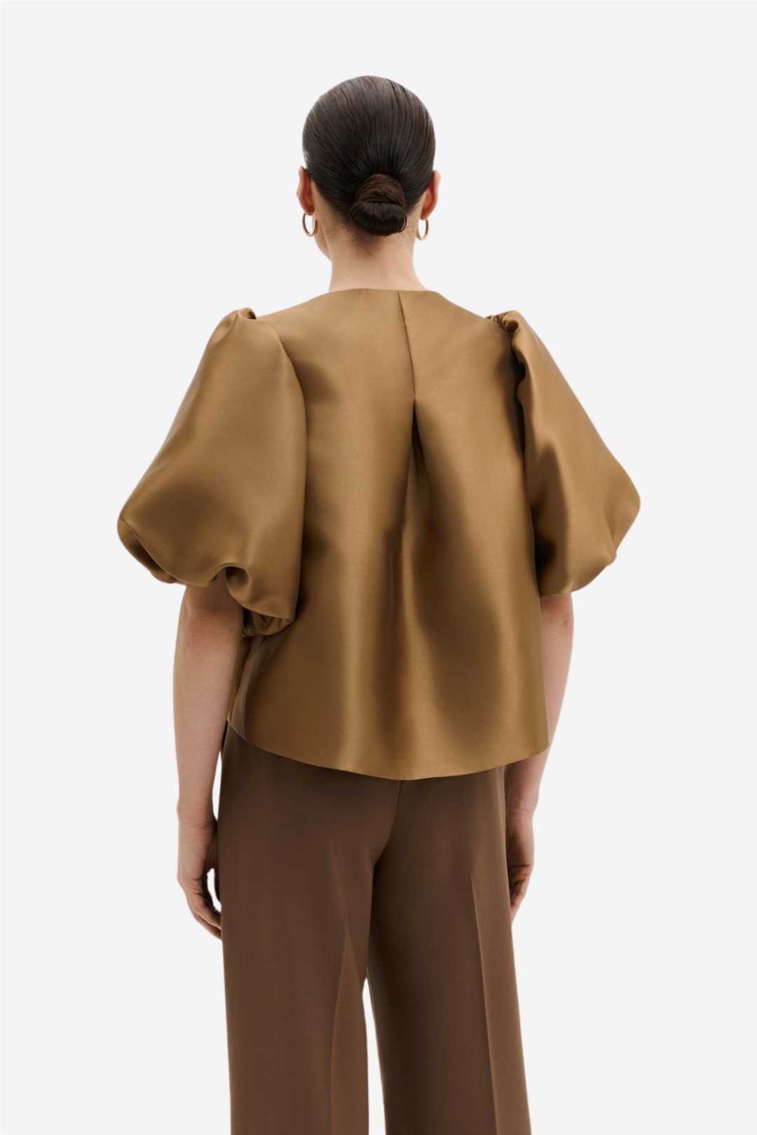 Cleo Puff-Sleeve Satin Blouse Camel