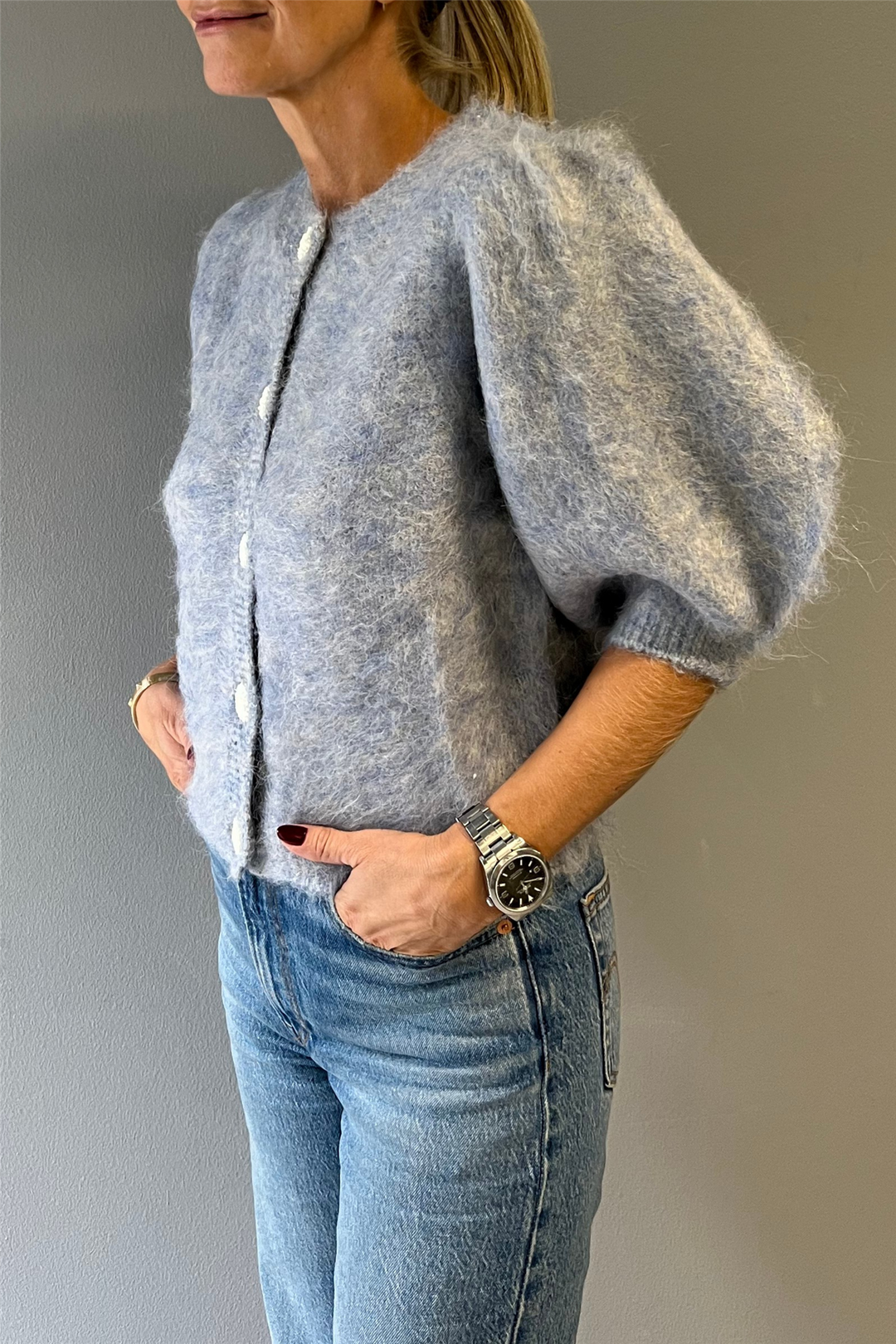 Hairy Knit Puffed Jacket Sky Blue