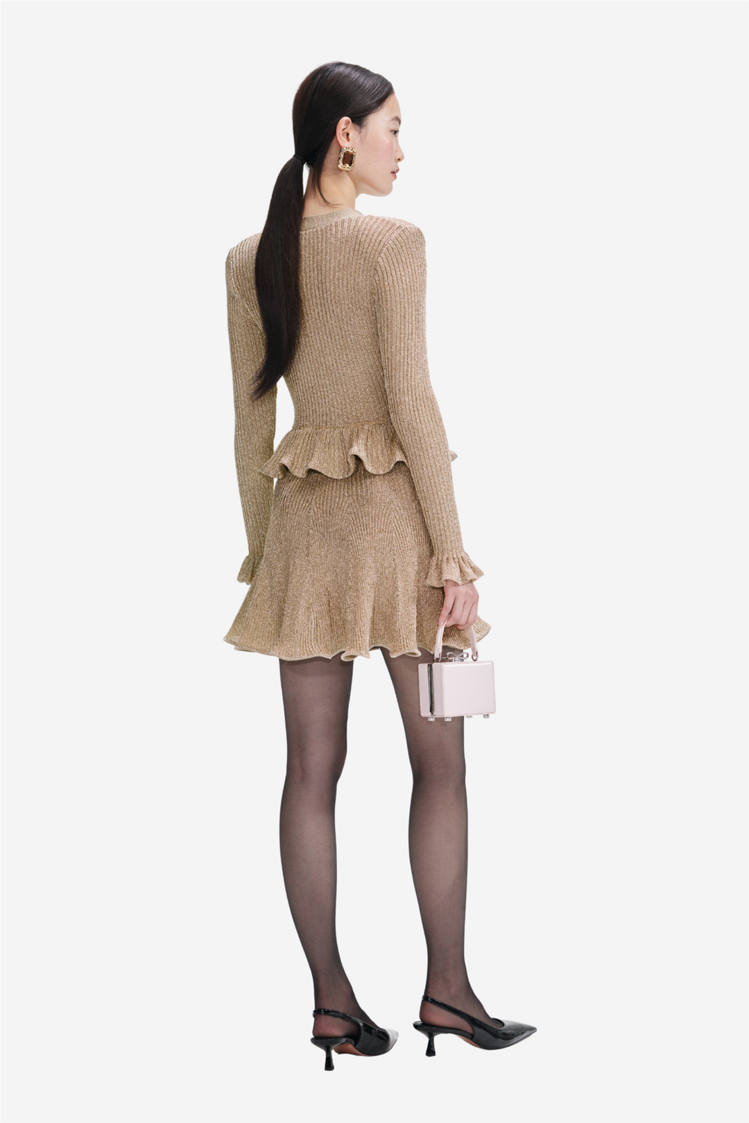 Lurex Peplum Knit Mini Dress Gold