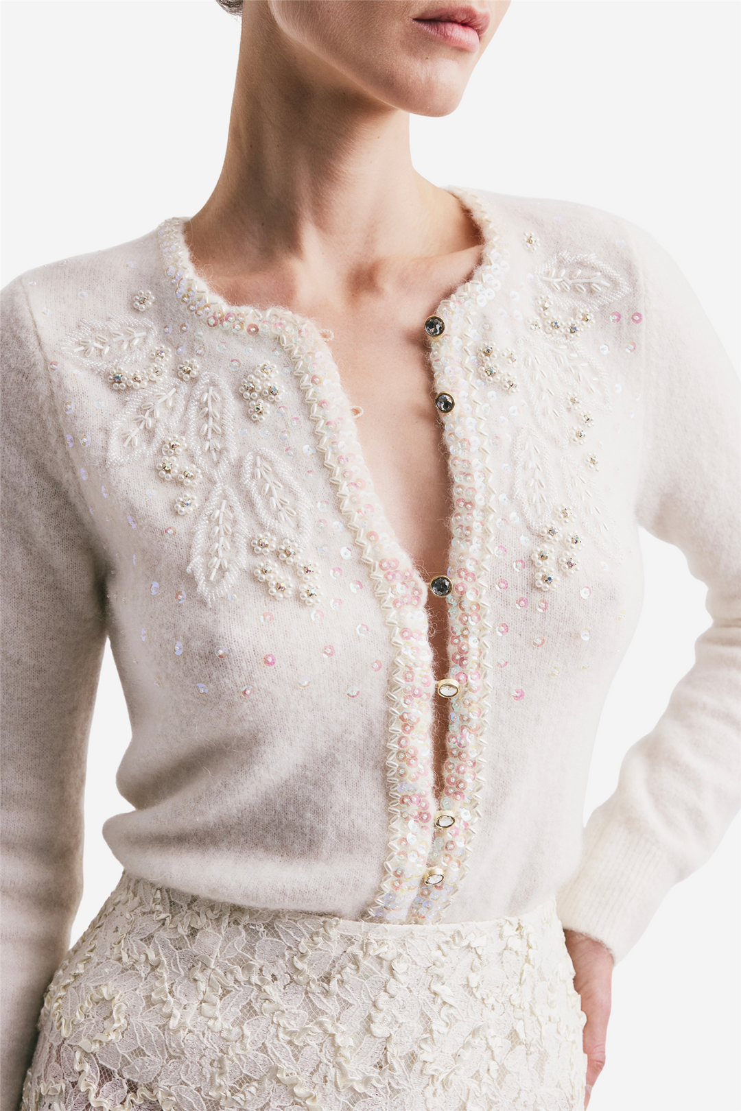Delicate Knit Decorated Cardigan Off White