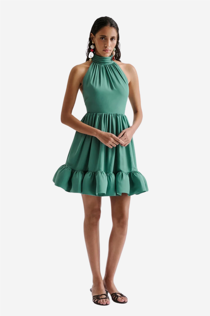 Fern Halterneck Ruffled Mini Dress Deep Aqua