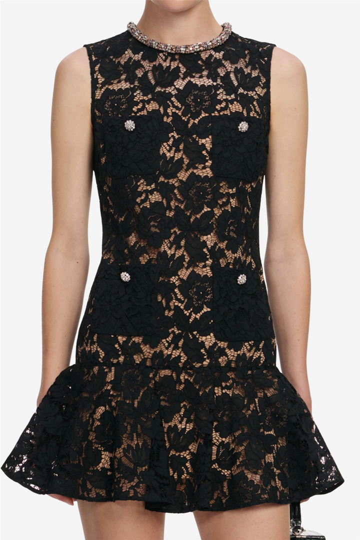 Lace Crystal Mini Dress Black