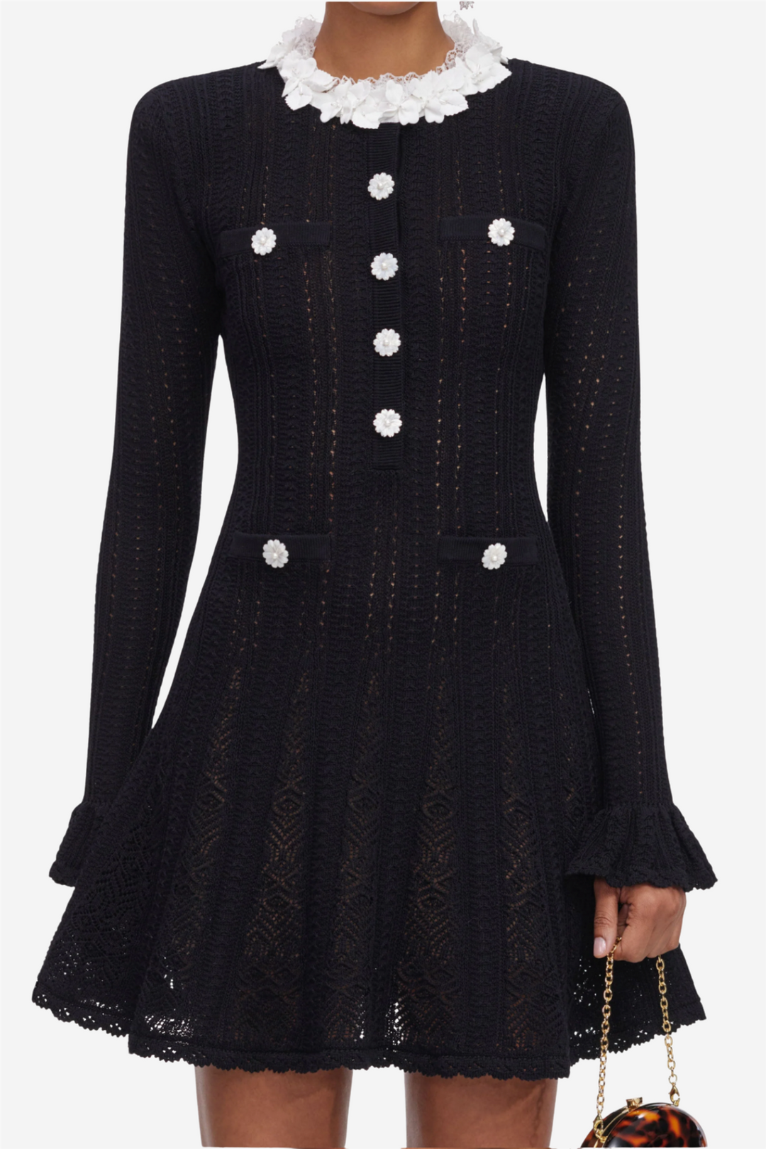 Flower Trim Knit Mini Dress Black